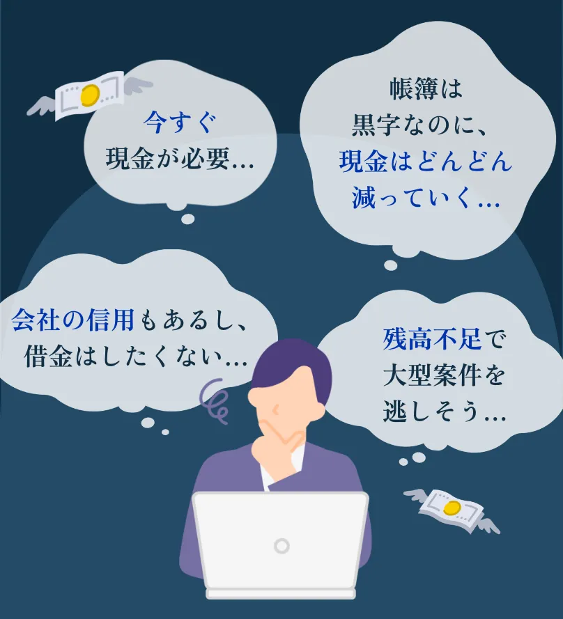 資金繰りに悩むビジネスマンのイラスト。今すぐ現金が必要、帳簿は黒字なのに現金が減っていく、信用があるので借金はしたくない、残高不足で大型案件を逃しそうといった悩みが吹き出しで描かれている。